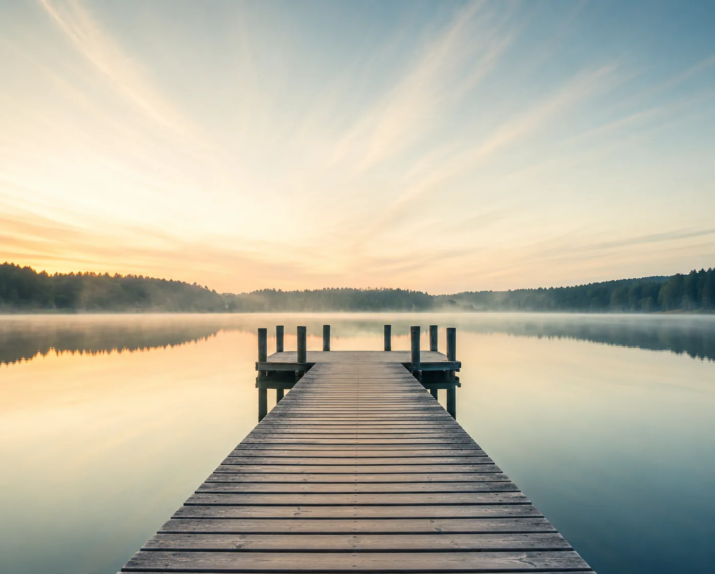 Hölzerner Bootssteg über einen ruhigen, nebligen See bei Sonnenaufgang