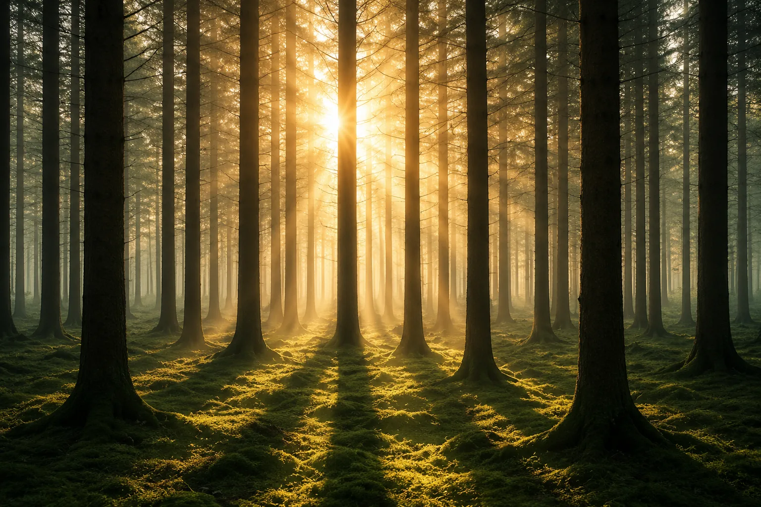 Sonnenstrahlen durchdringen einen nebligen Nadelwald und tauchen den moosbewachsenen Boden in goldenes Licht